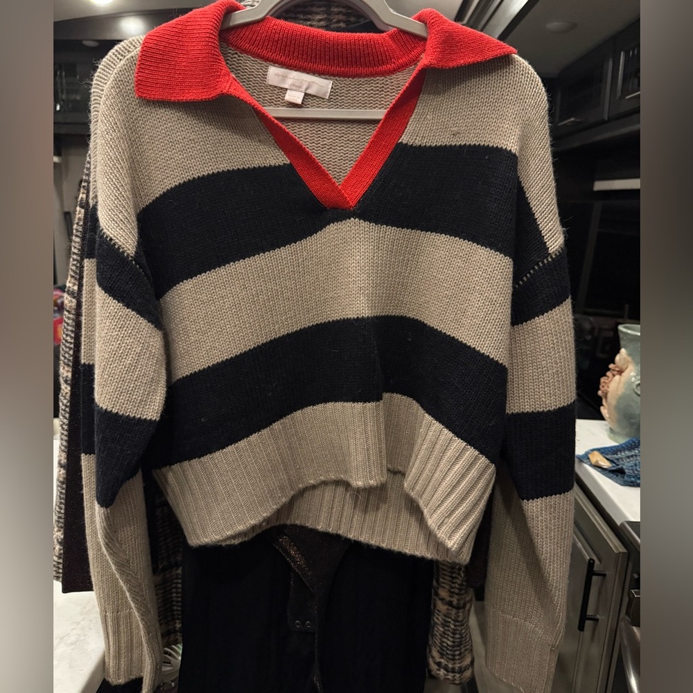 Spiritual Gangster Black and Gray Striped V-Neck Sweater with Red Collar